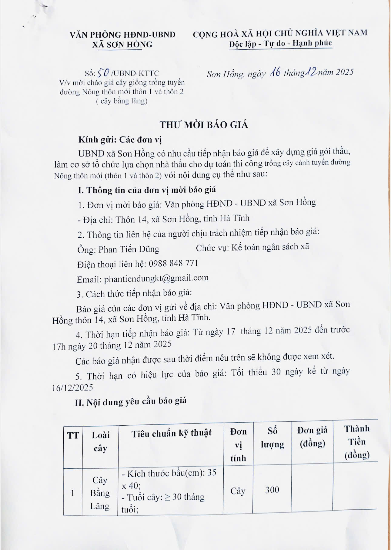 UBND xã Sơn Hồng mời chào giá cây giống trồng tuyến đường Nông thôn mới thôn 1 và thôn 2 ( cây bằng lăng)