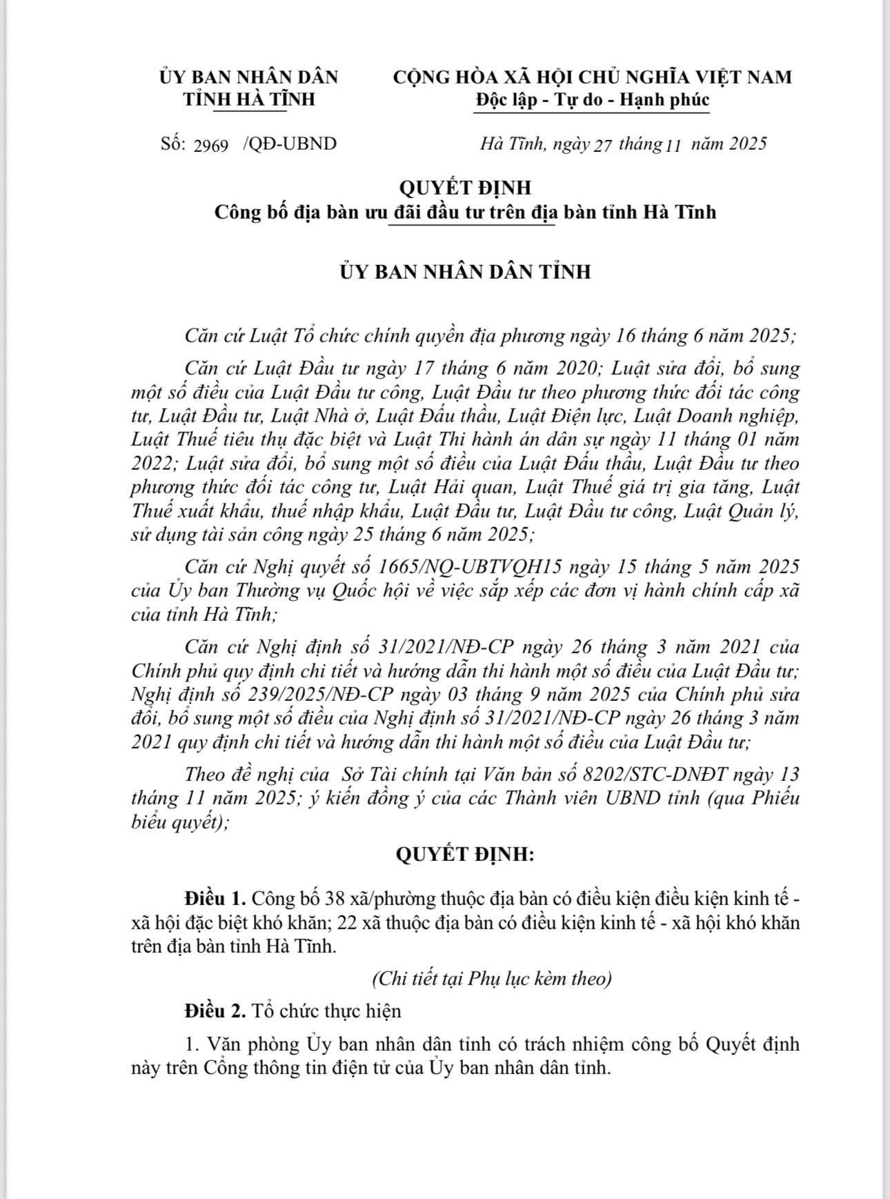 QUYẾT ĐỊNH Công bố địa bàn ưu đãi đầu tư trên địa bàn tỉnh Hà Tĩnh