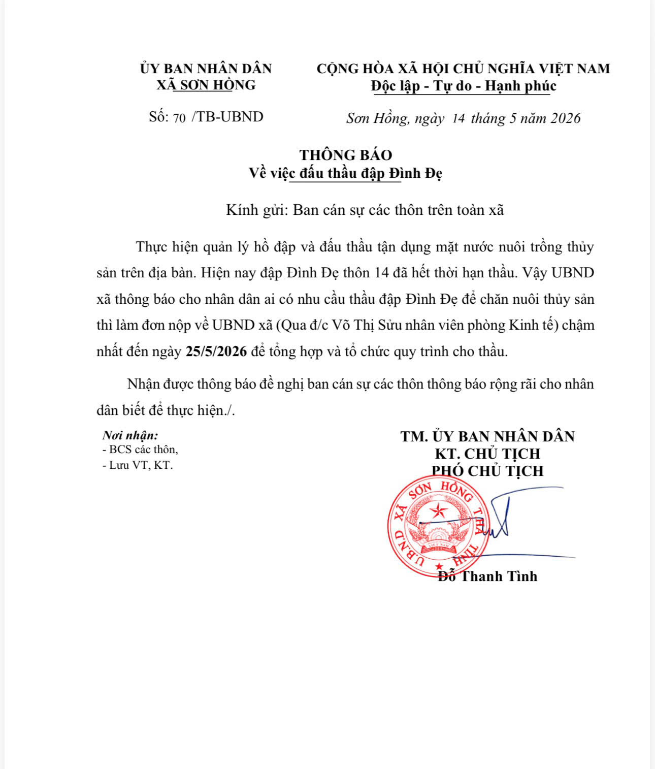 Thông báo về việc đấu thầu đập Đình Đẹ