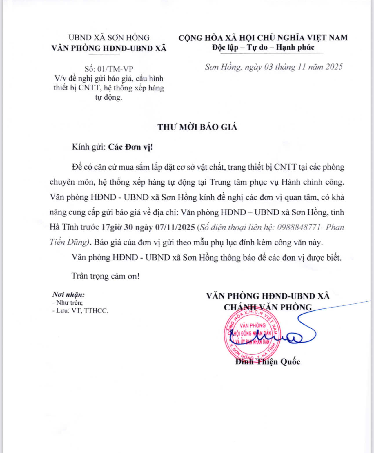 XÃ SƠN HỒNG, TỈNH HÀ TĨNH THƯ MỜI BÁO GIÁ