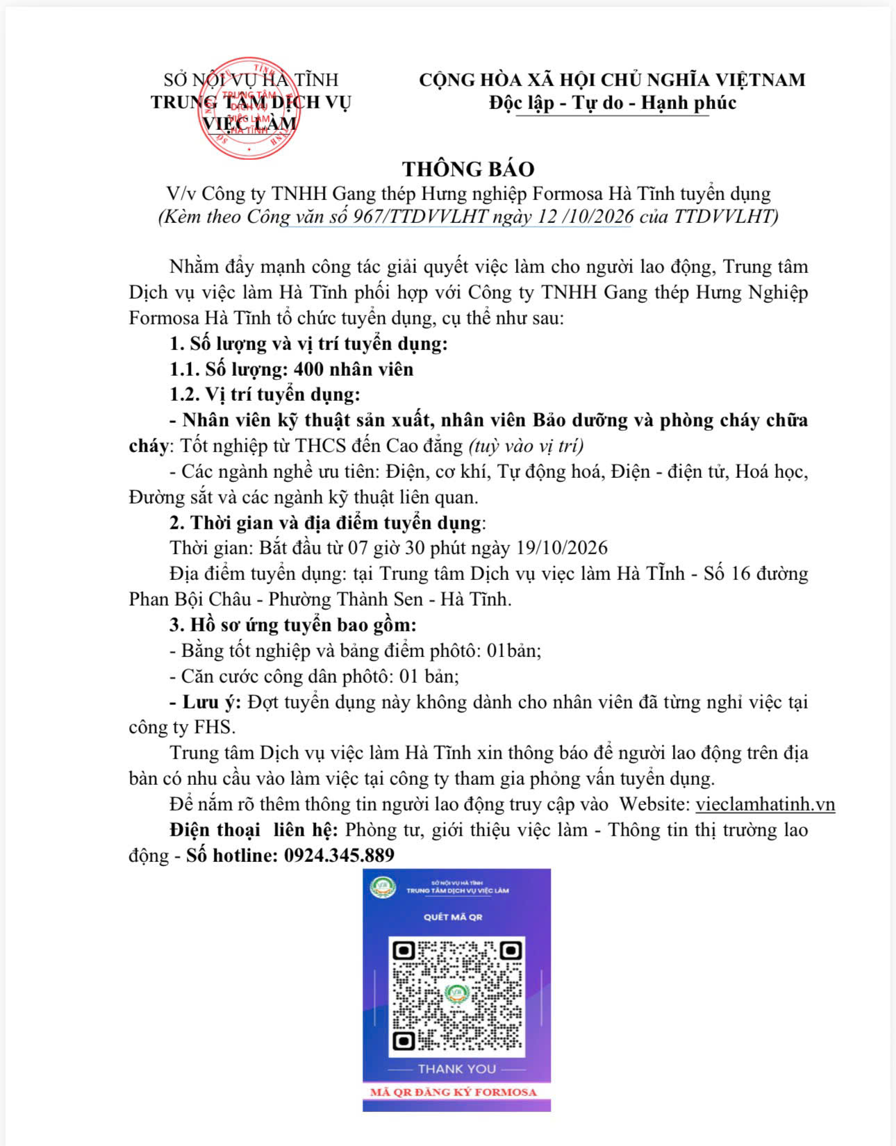Công ty TNHH Gang thép Hưng nghiệp Formosa Hà Tĩnh tuyển dụng