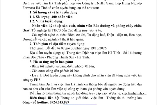 Công ty TNHH Gang thép Hưng nghiệp Formosa Hà Tĩnh tuyển dụng 