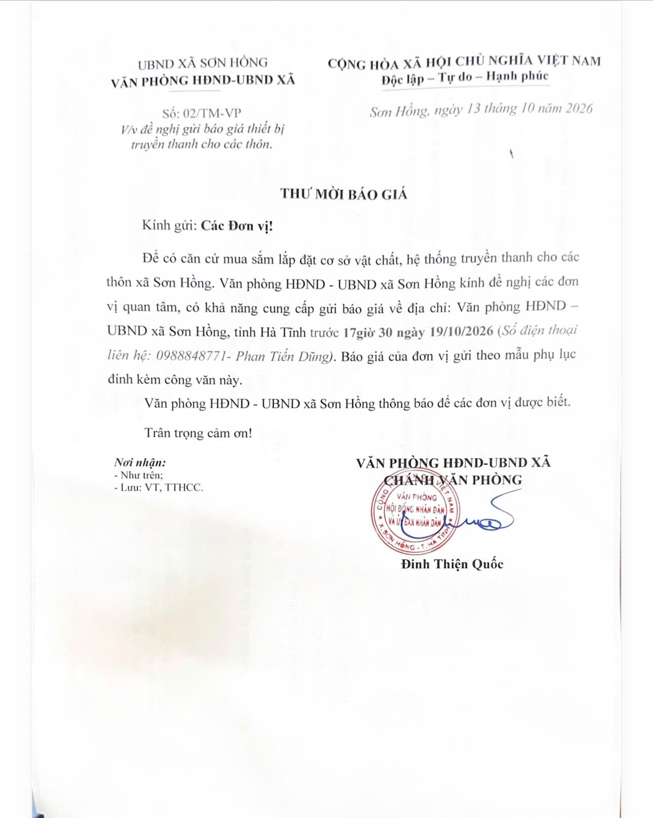 Thư mời báo giá