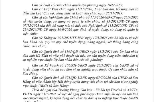 Quyết định về việc phê duyệt Danh mục tài liệu ôn tập lĩnh vực chuyên ngành, kỳ tuyển dụng viên chức tại đơn vị sự nghiệp trực thuộc UBND xã Sơn Hồng