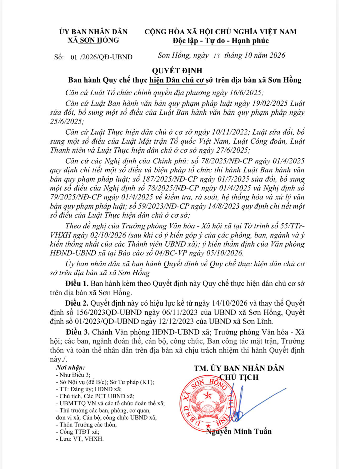 Ban hành Quy chế thực hiện Dân chủ cơ sở trên địa bàn xã Sơn Hồng