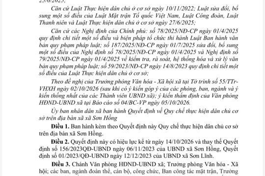 Ban hành Quy chế thực hiện Dân chủ cơ sở trên địa bàn xã Sơn Hồng
