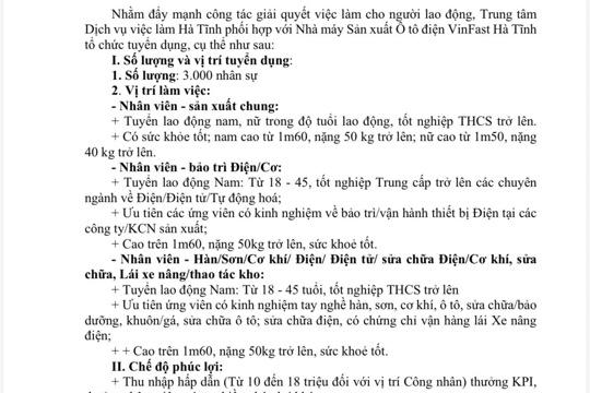 THÔNG BÁO V/v Nhà máy Sản xuất Ô tô điện VinFast Hà Tĩnh tuyển dụng 